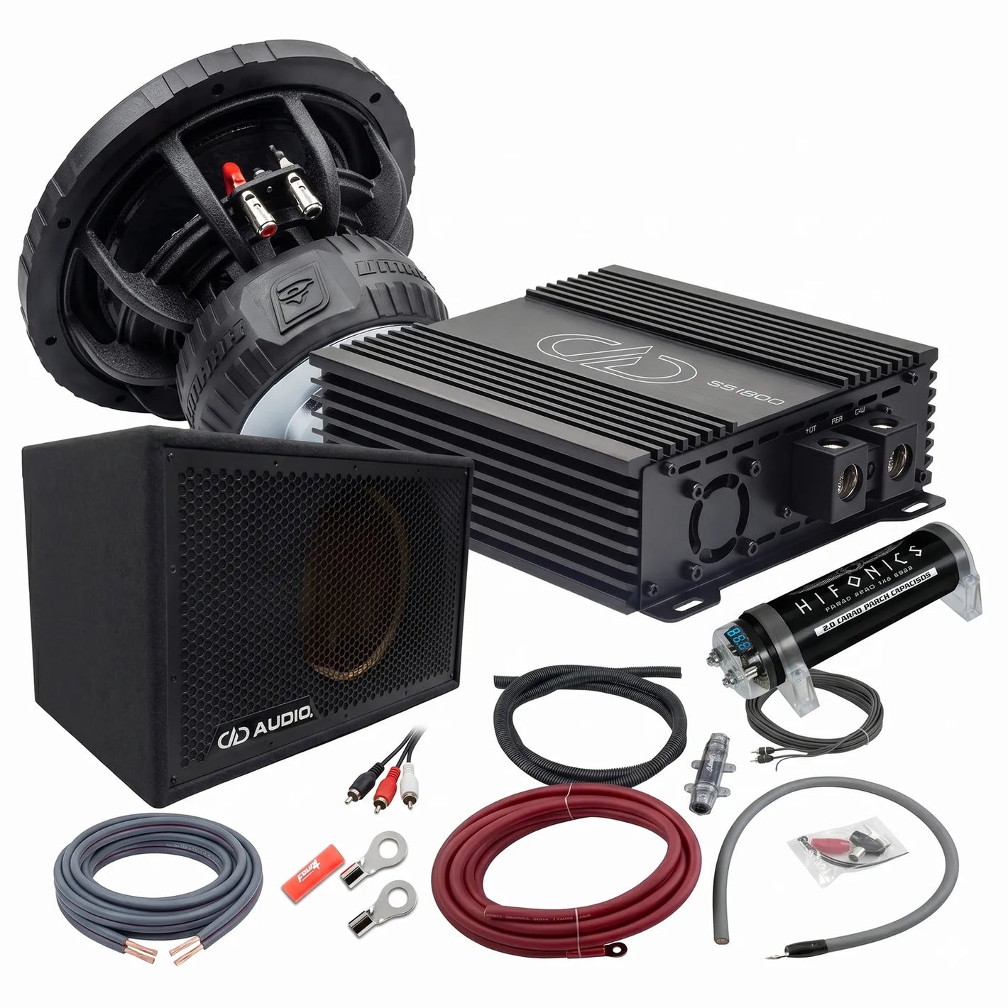 Masori Perfect Match Vmaxx 12 kit met subwoofer, versterker, condensator, kabels, draden, connectors  behuizing weergegeven op een witte achtergrond.