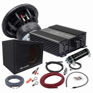 Masori Perfect Match Vmaxx 12 kit met subwoofer, versterker, condensator, kabels, draden, connectors  behuizing weergegeven op een witte achtergrond.