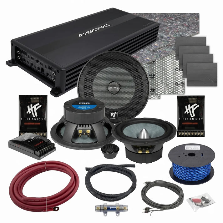 De Masori Perfect Match Zeus ZX6.2C car audio kit bevat luidsprekers, versterker, subwoofer, geluiddempende matten, bedrading, zekeringen en connectoren, weergegeven op een witte achtergrond.