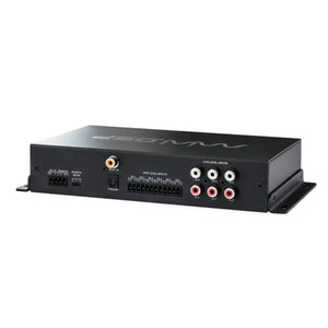 Il miniDSP C-DSP 8x12 DL Dirac Live è un processore audio nero con connettori RCA, terminali a vite e porte di ingresso/uscita etichettate sui pannelli.
