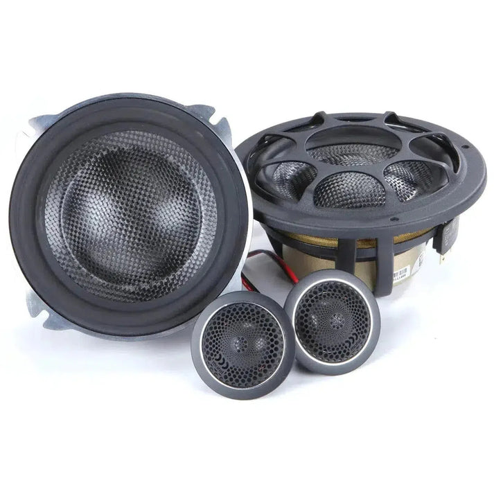 Four car audio speakers—two small tweeters and two 5-inch Elate Carbon 52 by Morel from a 2-way set—are shown on a white background.
