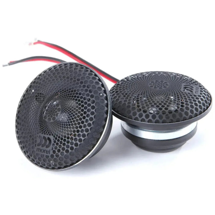 Two black round Morel Elate Carbon ALTO tweeters with honeycomb grills, brand logo, and red/black wires, shown on a white background.