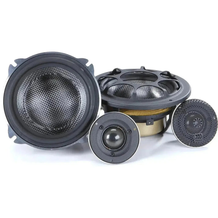 Four black and silver Morel Elate Carbon PRO 52 2-way component system speakers and tweeters displayed closely on a white background.