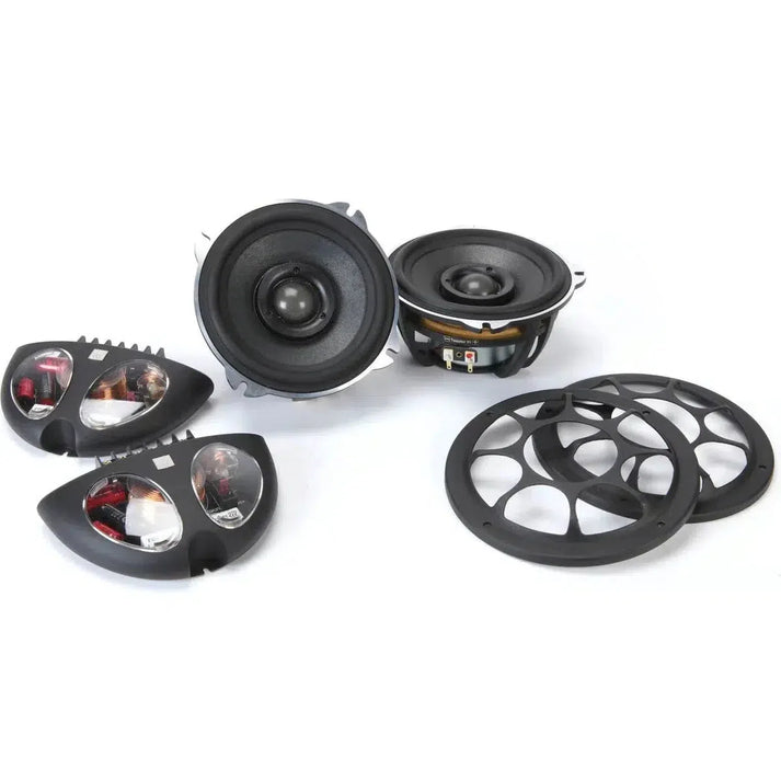 Two Morel Hybrid Integra 52 coaxial speakers, two black grills, and two electronic crossovers are shown on a white background.