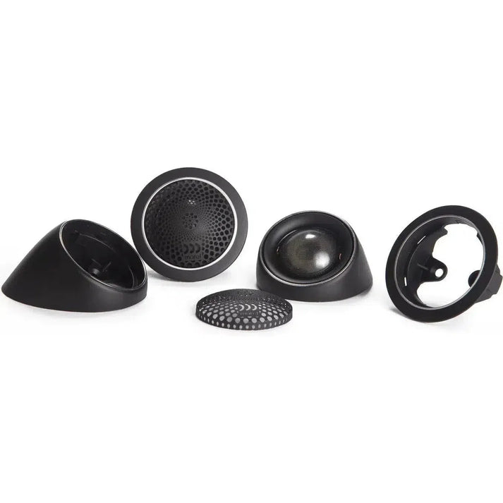 Five components of the Morel MT300 set are arranged on a white background, including Hybrid dome tweeters, mounting cups, and a small Acuflex grille.