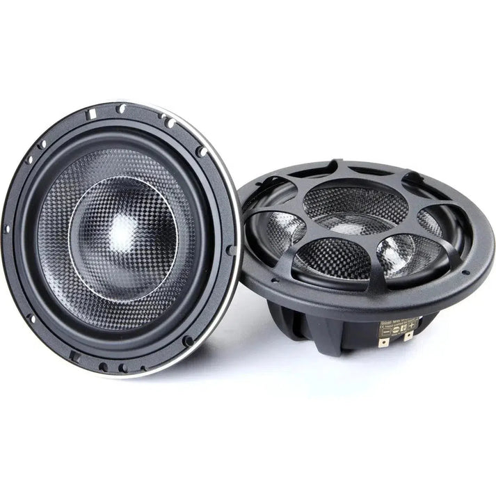 Two black round Morel Supremo MW6 subwoofers, one front and one back view, showcasing a textured Kohlefasermembran cone design.
