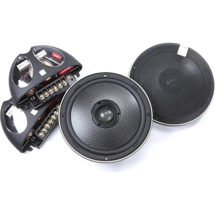 The Morel Virtus Nano Carbon Integra 62 includes a 6.5 black coaxial speaker, matching grill, and two black electronic crossovers with visible circuitry.
