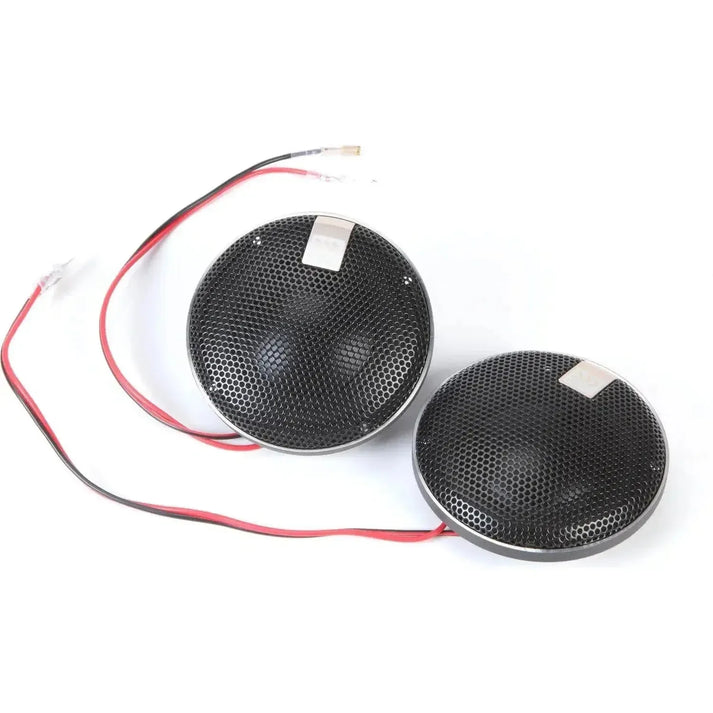 Two round black Morel Virtus Nano MM2 tweeters with aluminum dome, metal mesh covers, and red/black wires on a white background.
