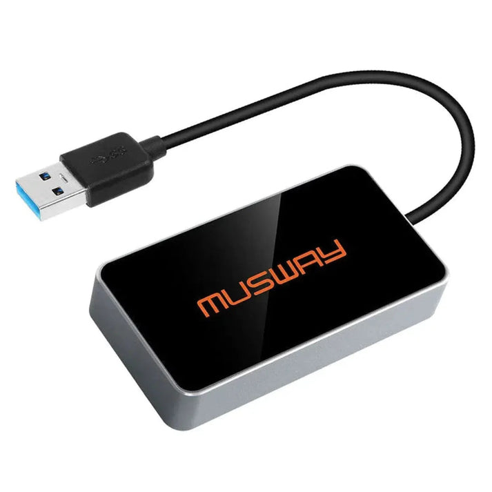 El Musway BTS-HD Bluetooth USB Dongle es negro y plateado con un logo naranja, un cable USB conectado y soporta streaming de audio HD.