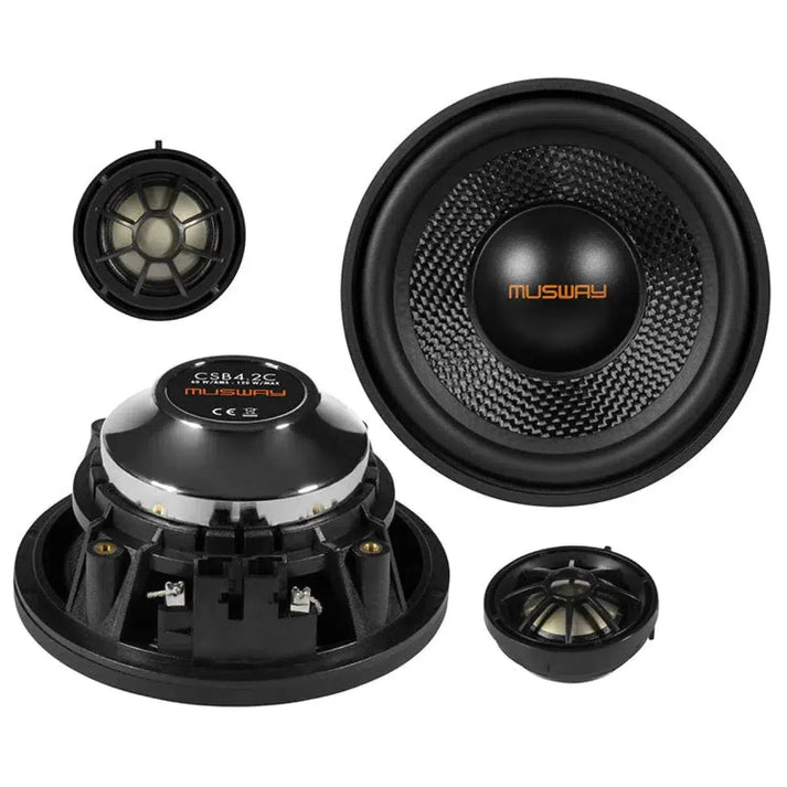 Quatre composants audio 2 voies Musway CSB-4.2C noir et argent, y compris le woofer et le tweeter - idéal pour un ensemble Lautsprecherset BMW Plug  Play.