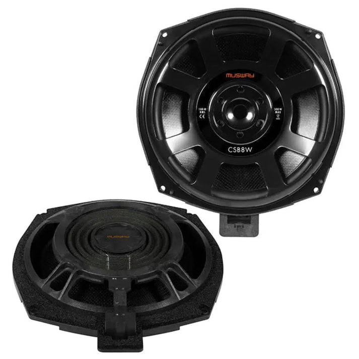 Two black round car audio speakers, Musway CSB-8W 20 cm BMW Subwoofer, shown front and back with the Musway brand and model CSB-8W visible.