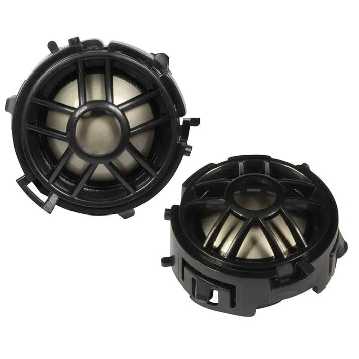Dos tweeters redondos Musway CSM-1T negros y plateados con membrana Titan de 25 mm y rejillas protectoras, mostrados desde diferentes ángulos sobre fondo blanco.