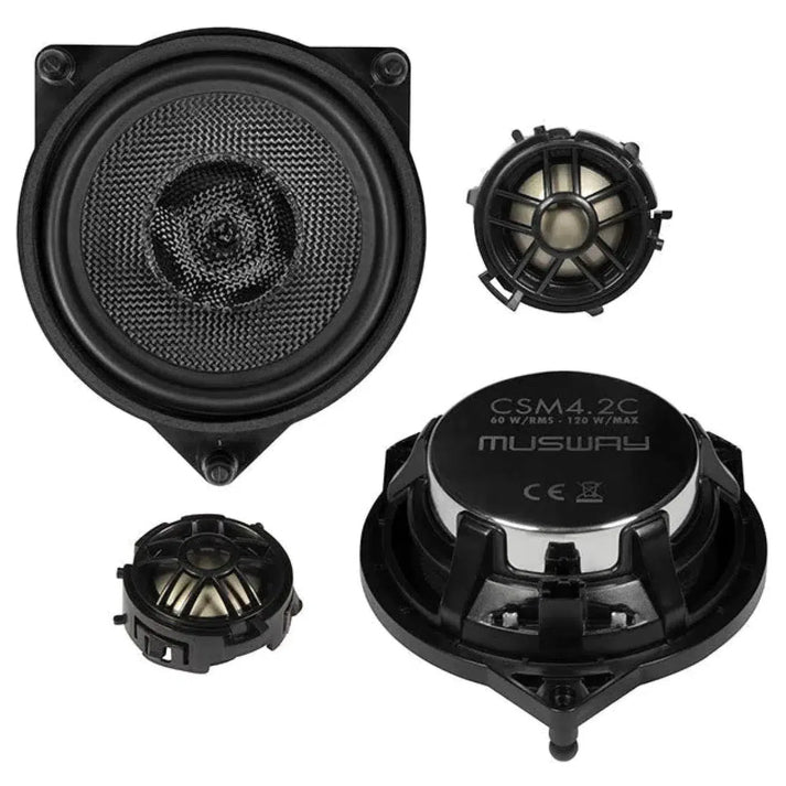 Se muestran cuatro altavoces de audio para automóvil Musway CSM-4.2C black 2-Wege Lautsprecher sobre un fondo blanco, mostrando vistas frontal y trasera.