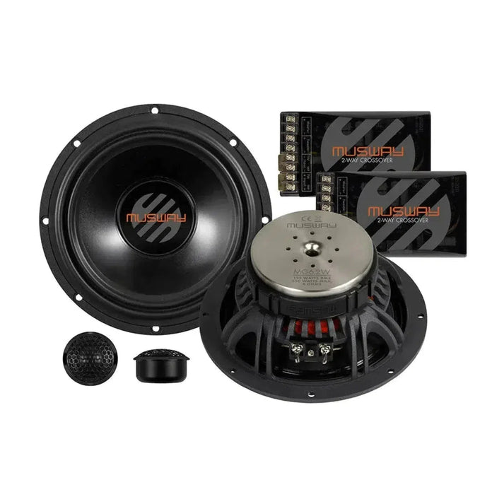 The Musway MG6.2C set includes two 5-inch speakers, two 2-way crossovers, and two tweeters, all featuring Musway branding.