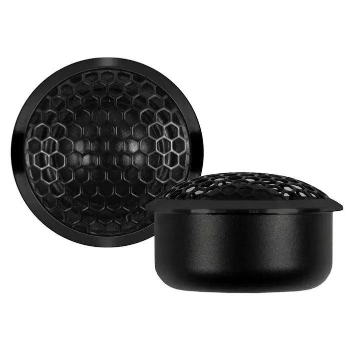 Dos tweeters de coche Musway MG6.2T Kalotten-Hochtöner negros y redondos con rejillas de malla hexagonal y Gewebe-Membran de 26 mm; uno está orientado hacia delante, el otro muestra un perfil lateral.