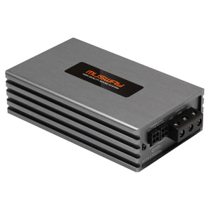 Il Musway NX175.4, un amplificatore a 4 canali con superficie in metallo spazzolato e dettagli neri, garantisce unelevata qualità del suono.