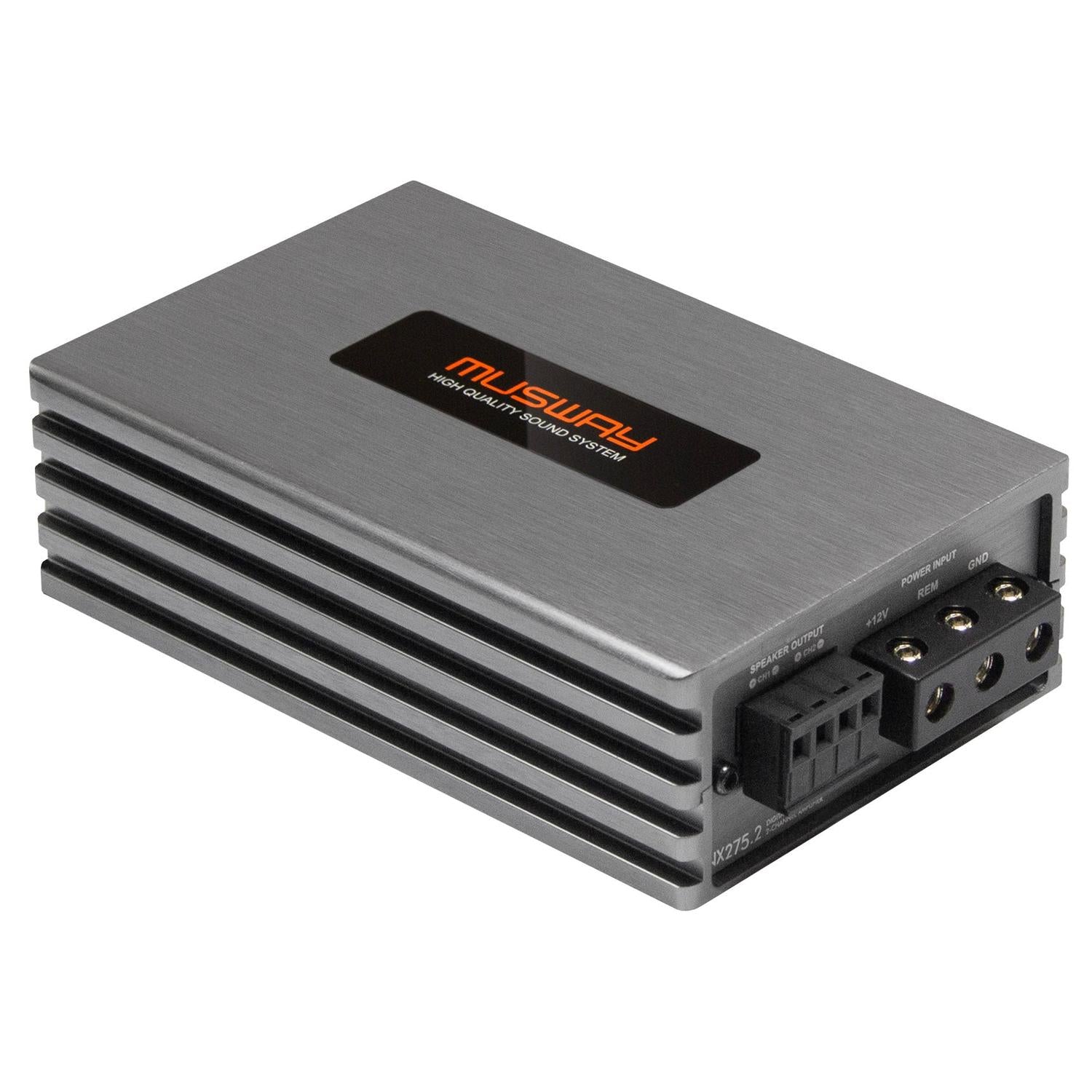 Amplificador compacto de 2 canales Musway NX275.2 con acabado en metal cepillado, con la inscripción «High Quality Sound System», que cuenta con puertos y conectores en un lateral.