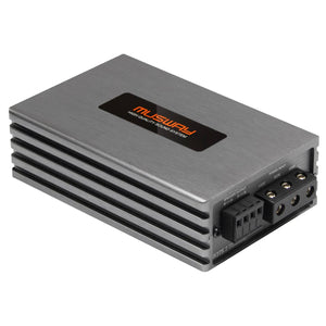 Musway NX275.2 – amplificatore compatto a 2 canali con superficie in metallo spazzolato, con la scritta “High Quality Sound System” e con i connettori e le prese disposti su un lato.
