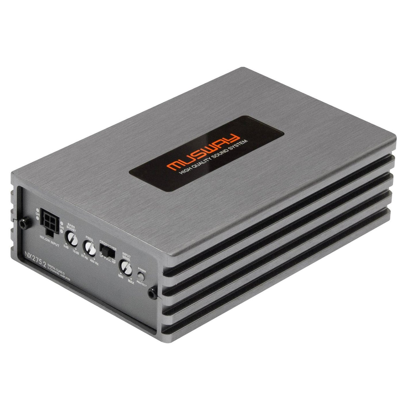 El Musway NX275.2 es un amplificador compacto de dos canales de color plateado, con detalles en negro y mandos de control situados en un lateral.