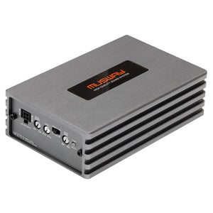 Il Musway NX275.2 è un amplificatore compatto a 2 canali di colore argento, con dettagli neri e comandi disposti su un lato.