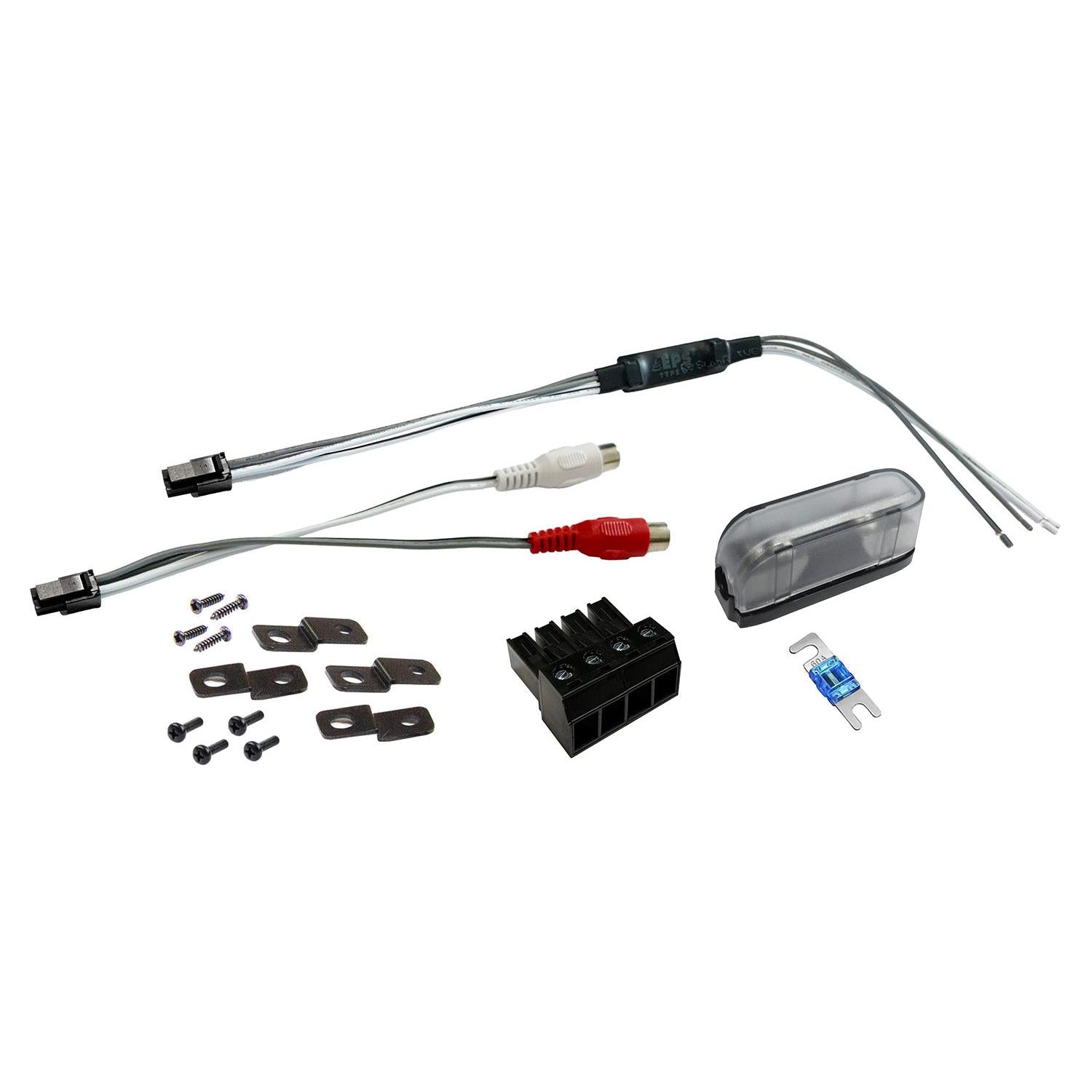 El kit de cableado para el amplificador Musway NX350.2 incluye conectores, tornillos, lengüetas metálicas, un bloque de bornes, un fusible transparente y cables RCA.