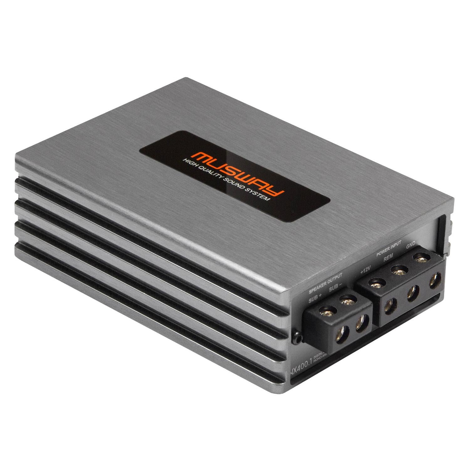 Amplificador Musway NX400.1 rectangular de color plateado con detalles en negro, laterales ventilados, puertos etiquetados y tecnología «Interference Free» para un sonido nítido.