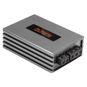 Amplificatore Musway NX400.1 rettangolare color argento con dettagli neri, fianchi ventilati, porte contrassegnate e tecnologia Interference Free per un audio pulito.