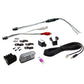 Kit Musway NX450.2 con cables, conectores, amplificador de 2 canales, soportes, fusible, tornillos y una cámara compacta, todo ello expuesto sobre un fondo blanco.