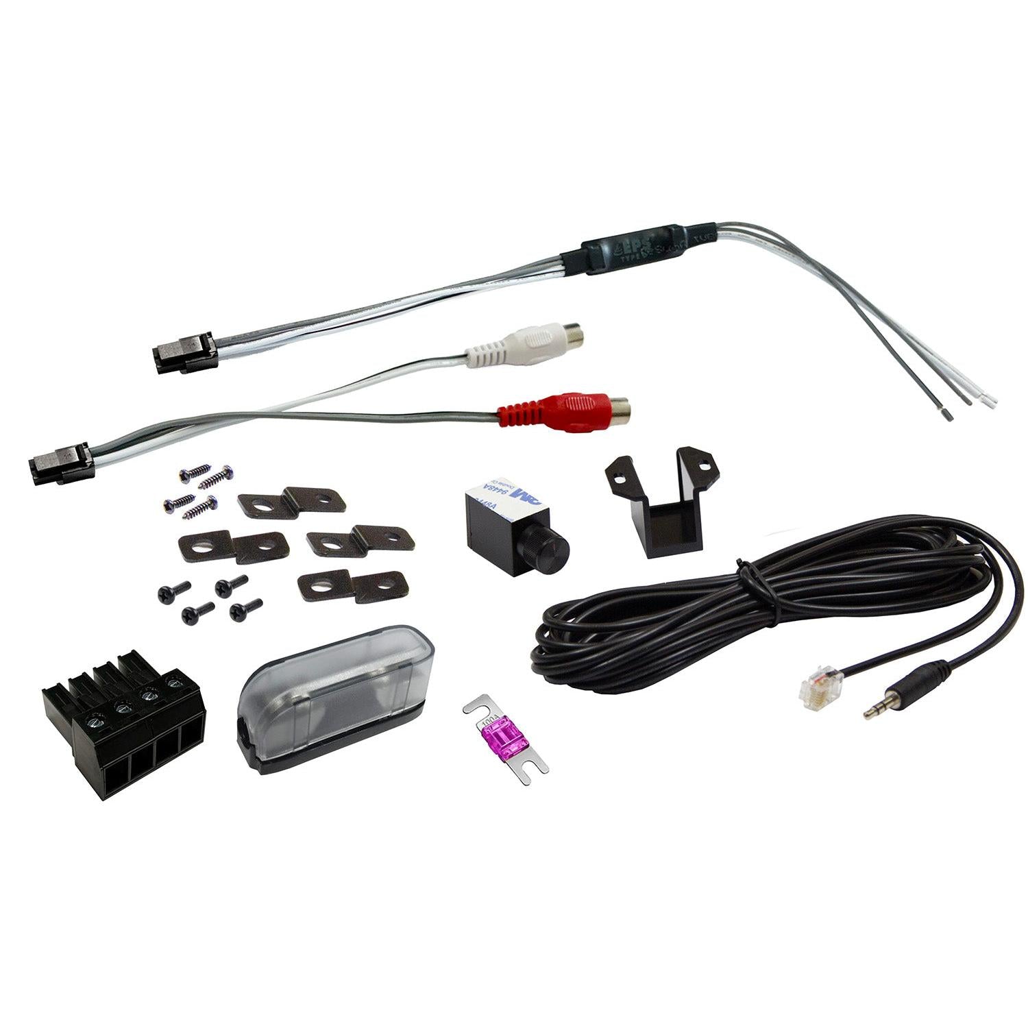 Kit Musway NX450.2 con cables, conectores, amplificador de 2 canales, soportes, fusible, tornillos y una cámara compacta, todo ello expuesto sobre un fondo blanco.