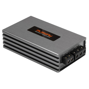 Amplificatore Musway NX600.1 di forma rettangolare, color argento, con fessure di ventilazione nere disposte orizzontalmente e ingressi e uscite su un lato.
