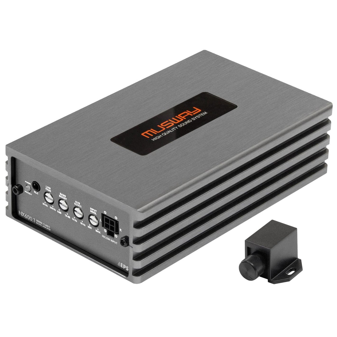 El amplificador para coche Musway NX600.1 de 1 canal cuenta con mandos de control, puertos y un mando a distancia compacto de color negro para una configuración óptima del sonido.