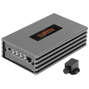 Lamplificatore per auto Musway NX600.1 a 1 canale è dotato di manopole di controllo, porte e un telecomando nero compatto per configurazioni audio ottimali.