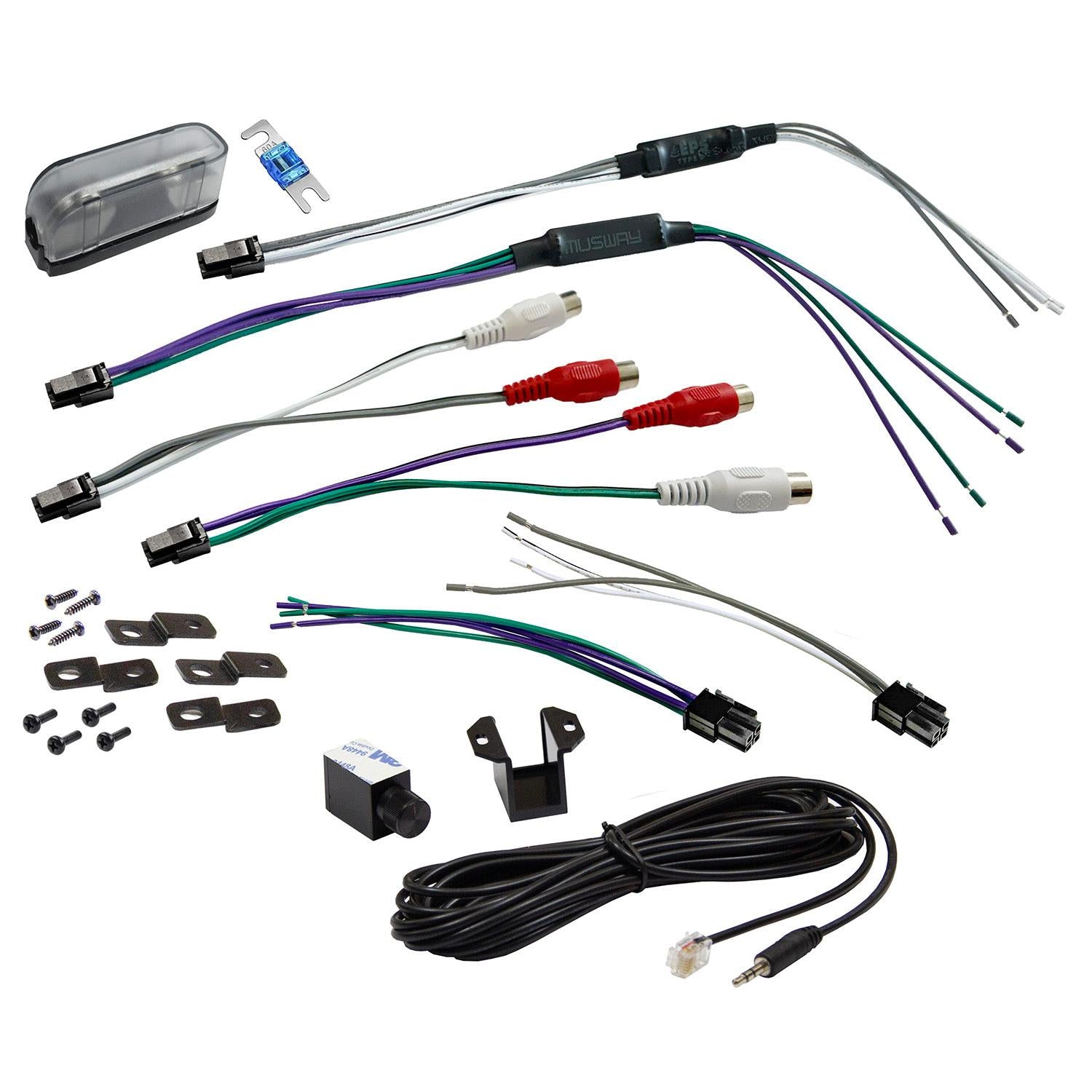 Le kit de câblage audio pour voiture Musway NX700.3 comprend des connecteurs, des câbles RCA, le matériel de fixation, un fusible et une caméra noire. La technologie « Interference Free Tech » garantit un son clair. Tous les articles sont présentés sur fond blanc.