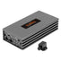 Amplificateur Musway NX700.3 à 3 canaux, de forme rectangulaire et de couleur argentée, avec connecteurs, boutons rotatifs et télécommande noire – doté de la technologie « Interference Free Technology » sur fond blanc.