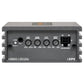 Vista frontal del amplificador digital mono de clase D Musway NX800.1, que cuenta con mandos de control, puertos de entrada y salida, y luces indicadoras de 800 W RMS.
