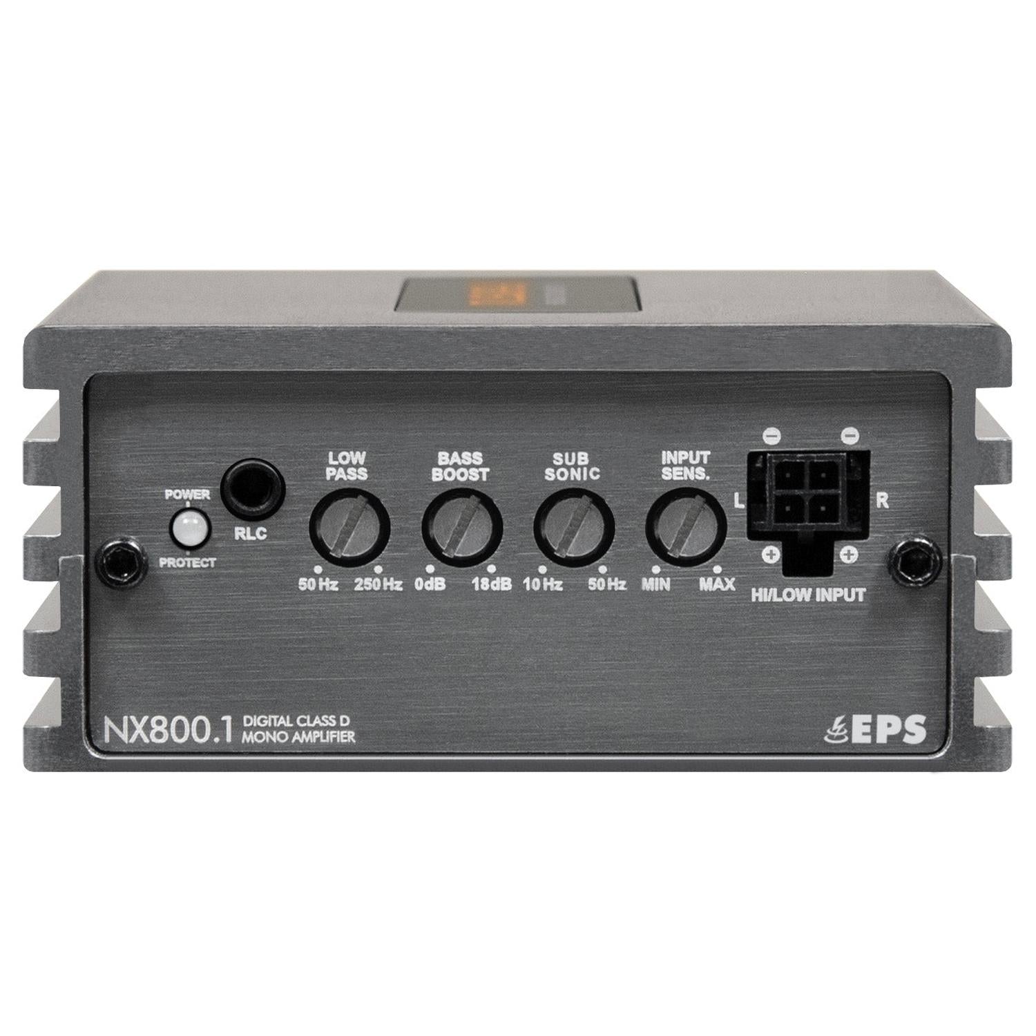 Vista frontal del amplificador digital mono de clase D Musway NX800.1, que cuenta con mandos de control, puertos de entrada y salida, y luces indicadoras de 800 W RMS.