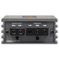 Primer plano del amplificador mono digital de clase D Musway NX800.1, en el que se destacan los terminales de salida de altavoces y de entrada de alimentación. 800 vatios RMS.