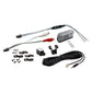 Componentes del kit de cámara de marcha atrás para coche sobre fondo blanco, junto al amplificador Musway NX800.1 800 W RMS: incluye cables, conectores, soportes, cámara y fusible.