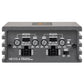 Vista frontal del amplificador Musway NX125.4 con mandos de control, interruptores de frecuencia y crossover, sensibilidad de entrada, modo, LED de alimentación y 4 puertos de entrada.