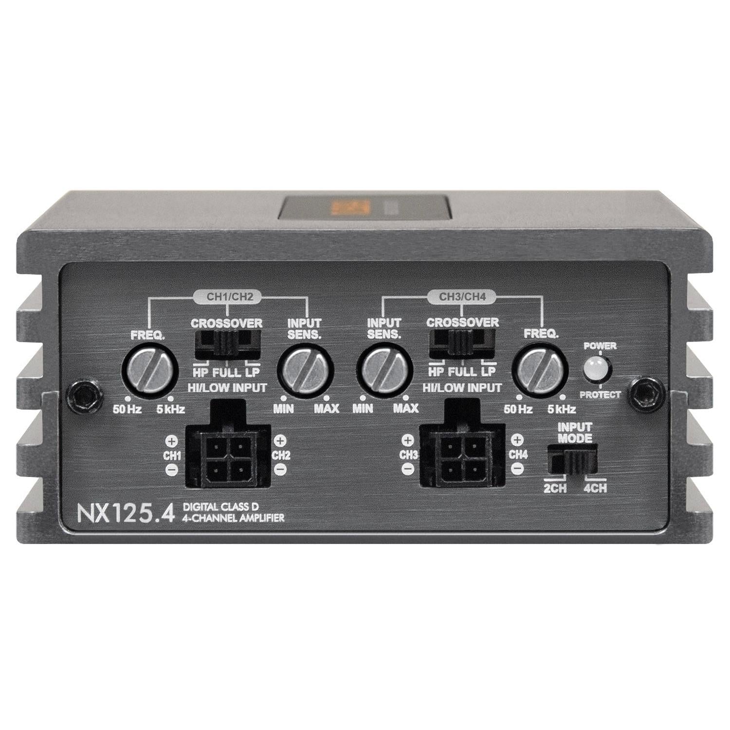 Vista frontal del amplificador Musway NX125.4 con mandos de control, interruptores de frecuencia y crossover, sensibilidad de entrada, modo, LED de alimentación y 4 puertos de entrada.