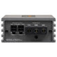 La vista trasera del Musway NX125.4 muestra las salidas de altavoz, los terminales de +12 V, REM y GND, y la etiqueta «Amplificador digital de clase D de 4 canales».