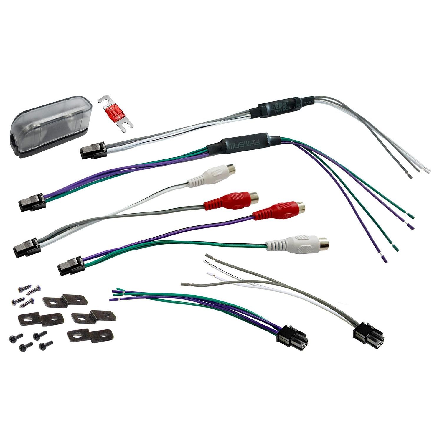 Amplificador Musway NX125.4 de 4 canales con mazos de cables para equipos de sonido de coche, conectores, fusible en línea, tornillos y soportes de montaje sobre un fondo blanco.