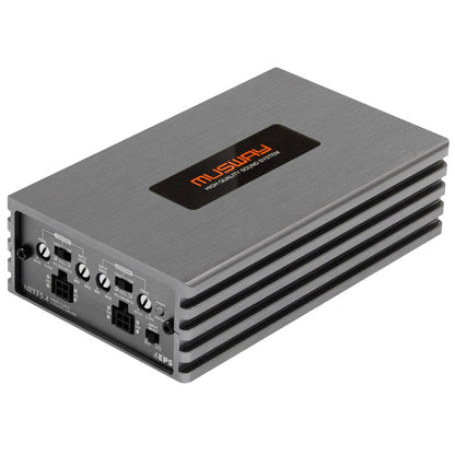 Lamplificatore a 4 canali Musway NX175.4 offre unelevata qualità del suono, un design squadrato con finitura in metallo spazzolato e comandi per limpianto audio dellauto.