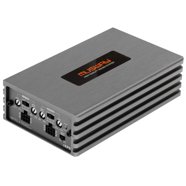 Lamplificatore a 4 canali Musway NX175.4 offre unelevata qualità del suono, un design squadrato con finitura in metallo spazzolato e comandi per limpianto audio dellauto.