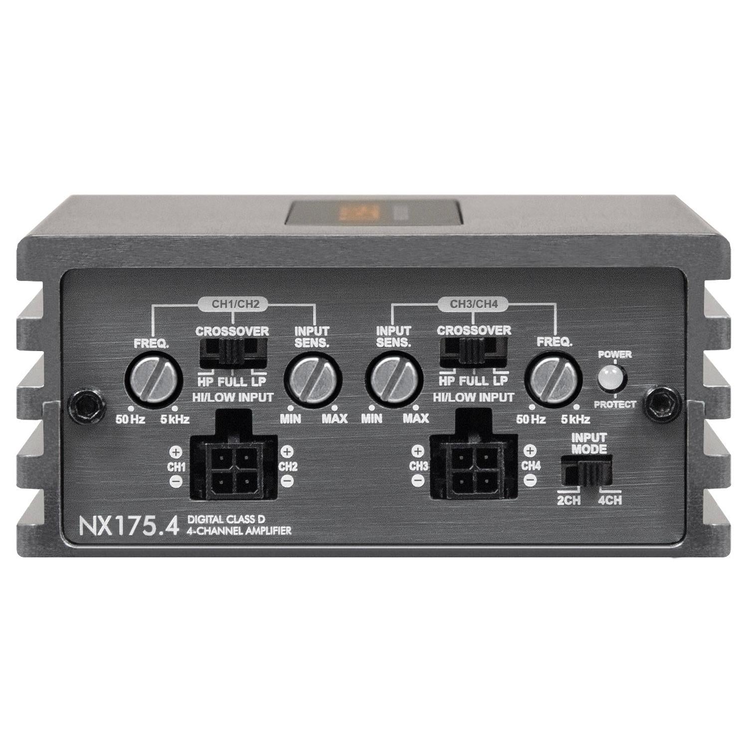 Vista frontale dellamplificatore Musway NX175.4 che mostra le impostazioni di ingresso, le manopole del crossover, i pulsanti e le porte.