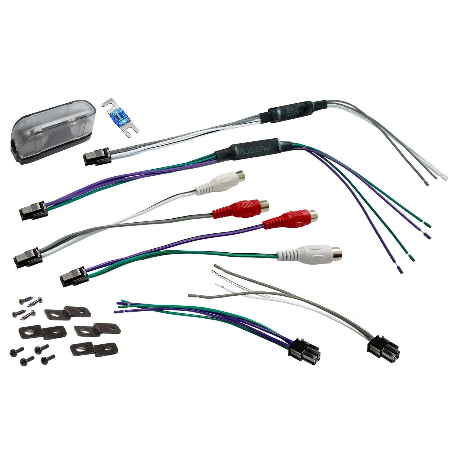 Cavi, connettori, fusibili, viti e staffe per impianti audio per auto Musway NX175.4, raffigurati su uno sfondo bianco.