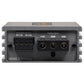 Vue arrière du Musway NX200.2 avec sorties haut-parleurs, entrées dalimentation +12 V/REM/GND et bornes étiquetées du circuit de protection EPS sur un cache métallique.