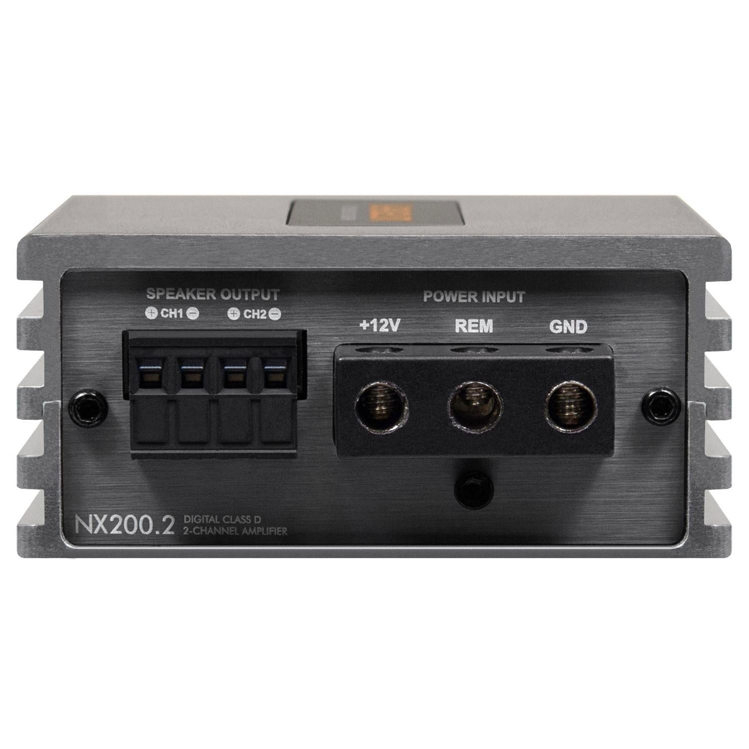 Vue arrière du Musway NX200.2 avec sorties haut-parleurs, entrées dalimentation +12 V/REM/GND et bornes étiquetées du circuit de protection EPS sur un cache métallique.