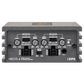 Panel frontal del Musway NX225.4, un amplificador de 4 canales con mandos de frecuencia, crossover y sensibilidad de entrada, interruptores y puertos etiquetados. Marca Musway.