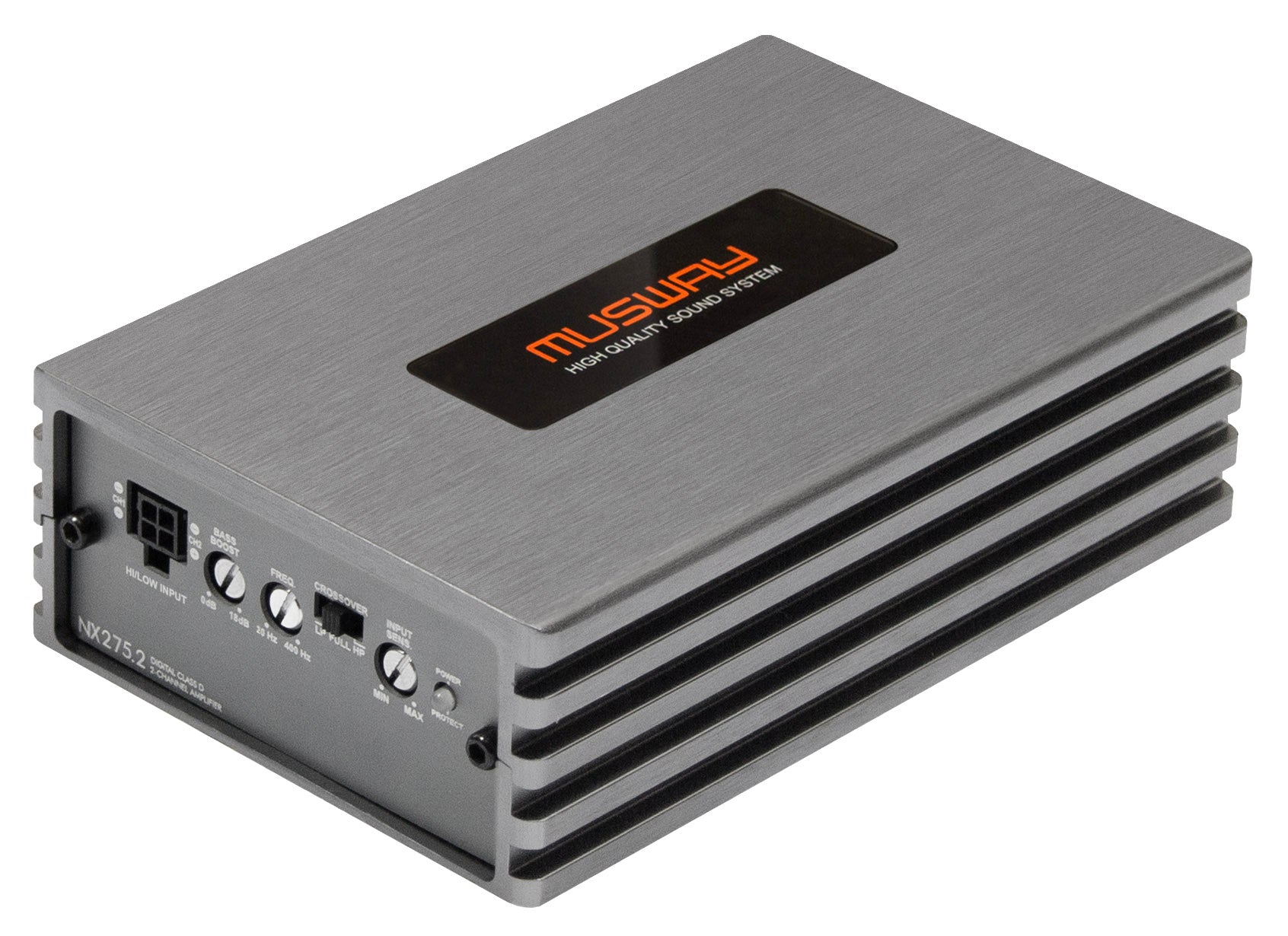 Il Musway NX275.2 è un amplificatore compatto a 2 canali di colore argento, con dettagli neri e comandi disposti su un lato.